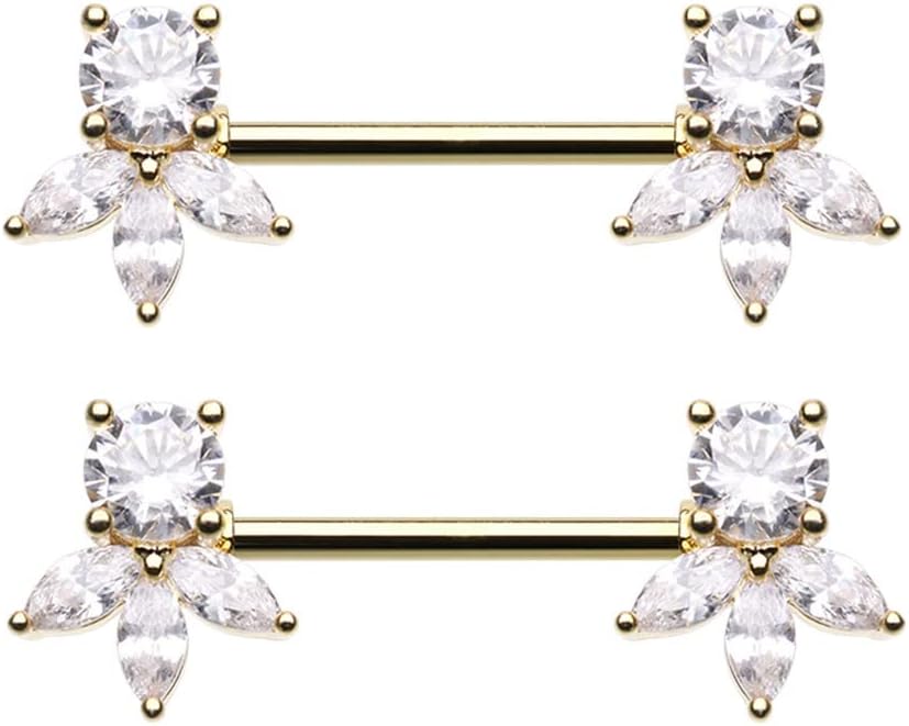 Pierced Owl 14GA Stainless Steel CZ Crystal Petal Ends Nipple Barbells, Sold as a Pair