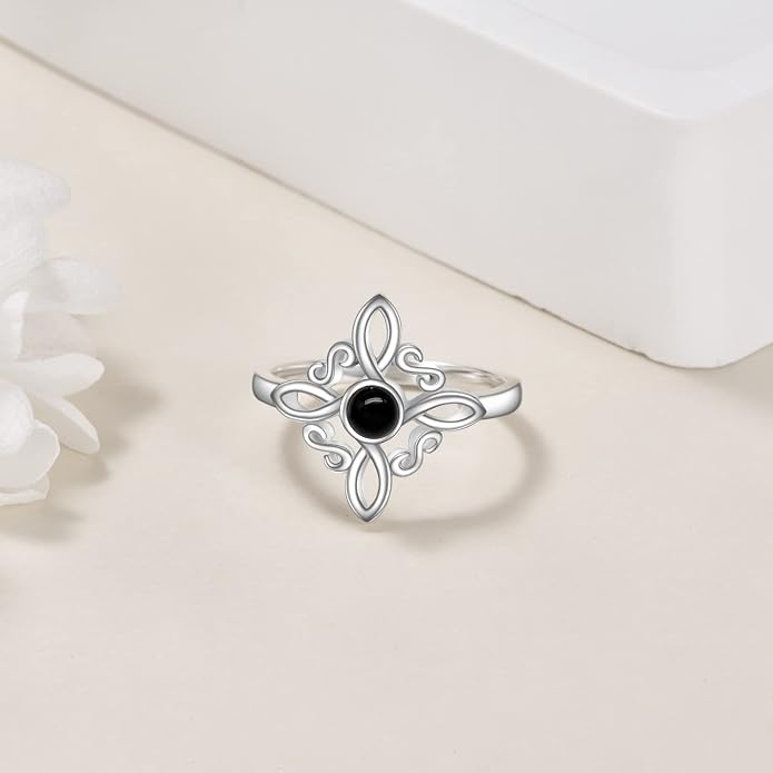 Witches Knot Rings 925 Sterling Silver Witch's Magical Knot Rings Black Onyx/Moonstone Pagan Jewelry Celtic Cross Jewelry for Women