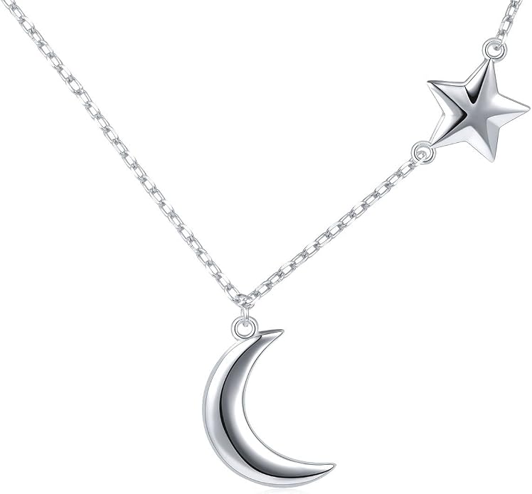 Ladytree 925 Sterling Silver Jewelry Crescent Moon and Star Pendant Necklace