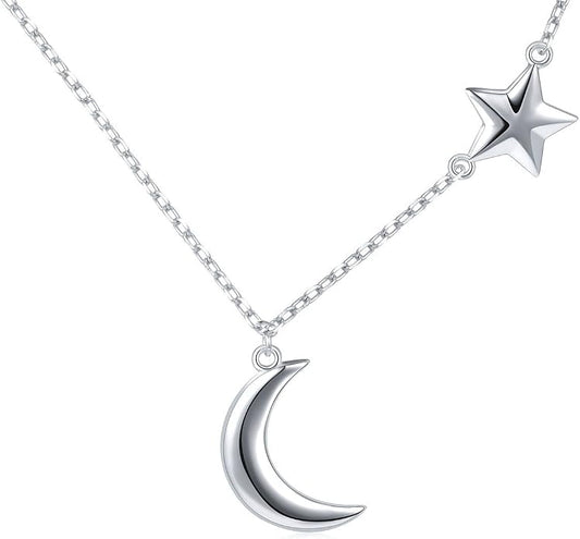 Ladytree 925 Sterling Silver Jewelry Crescent Moon and Star Pendant Necklace