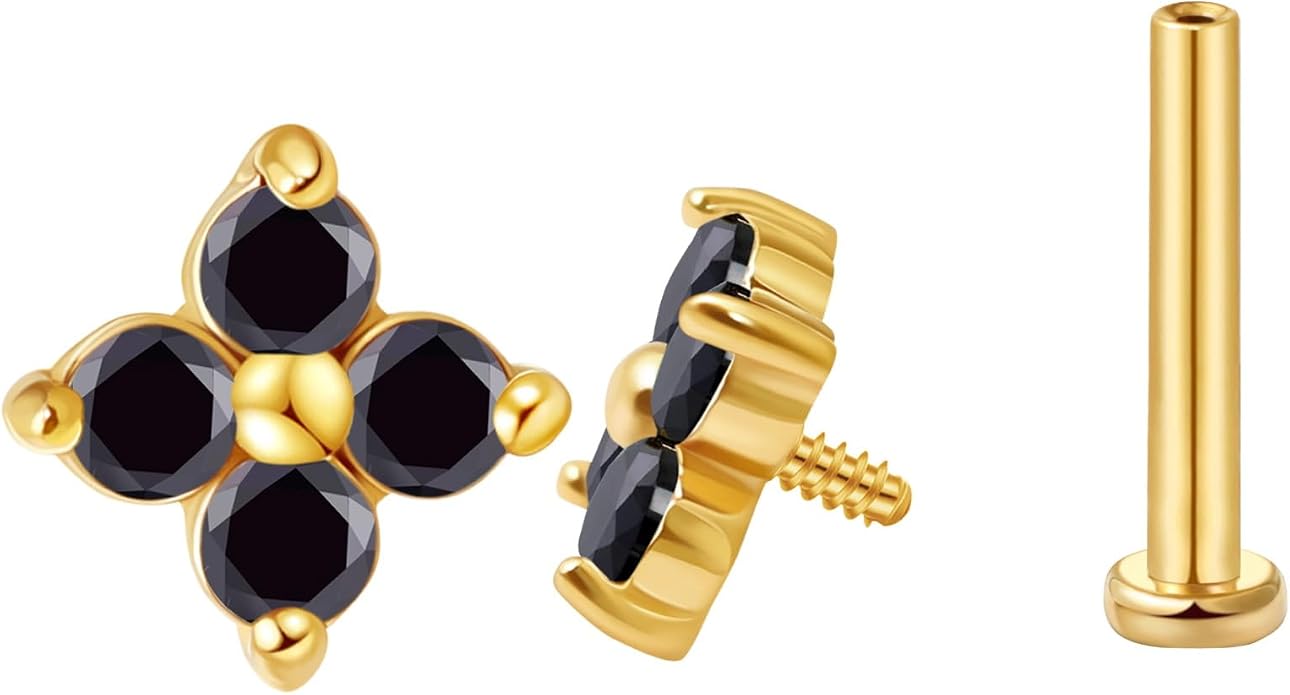 FANSING CZ Flower Internally Threaded Flat Back Earring Labret Stud for Cartilage Tragus Helix Conch