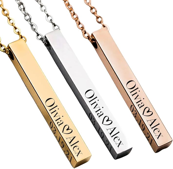 Elosh Customized Elegance 3D Vertical Bar Necklace with Engraved Name Pendant Personalized with your text Custom made