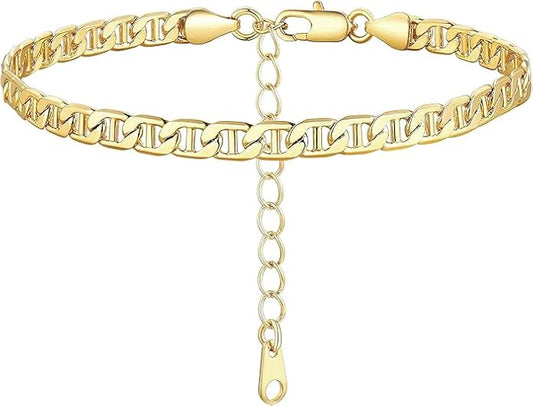 FOCALOOK 14K Gold Plated Anklets for Women Waterproof Plus Size Ankle Bracelet 8.5-10.5 Inch Adjustable Mariner/Figaro/Flat Snake/Cuban Link Chain Anklet Jewelry for Summer Beach Holiday