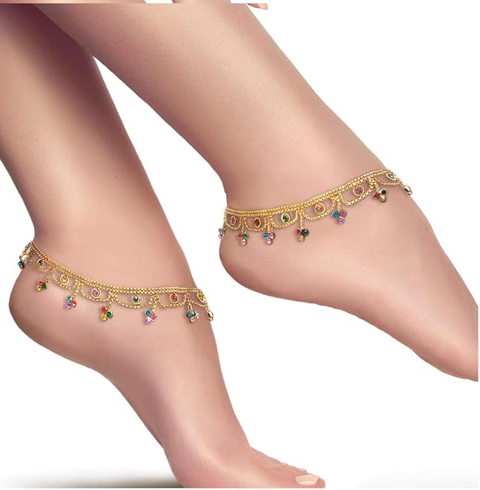Duel On Jewel Gold Payal Set for Women, Indian Paayal Jhanjar Chain Anklets with Bell Detail, Foot Jewelry Pair, 10 Inch Comfort Fit, Traditional & Dainty Styles for Wedding Beach Everyday Gift