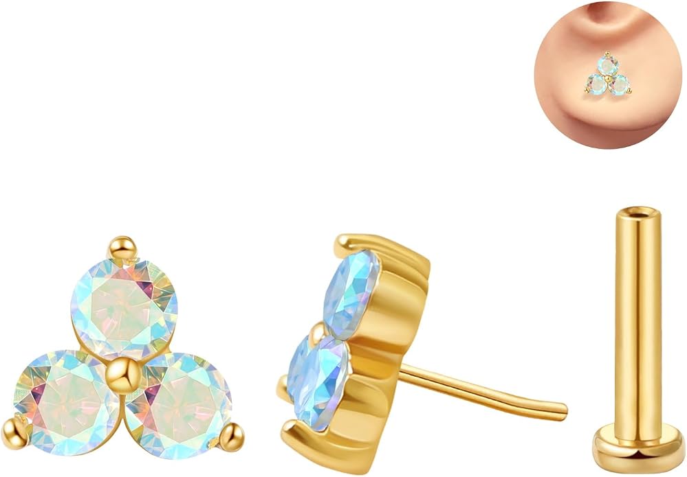 FANSING Cartilage Earring Tragus Stud Trio CZ Stone Flat Back Earring for Helix Conch Threadless Push Pin Labret Stud