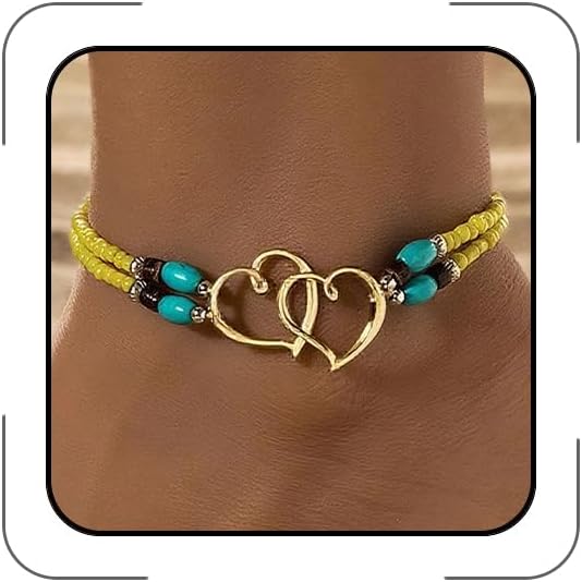 Elastic Beaded Ankle Bracelets for Women Double Heart Layered Stretch Ankle Bracelets Waterproof Dainty Boho Beaded Anklets for Summer Beach Foot Jewelry