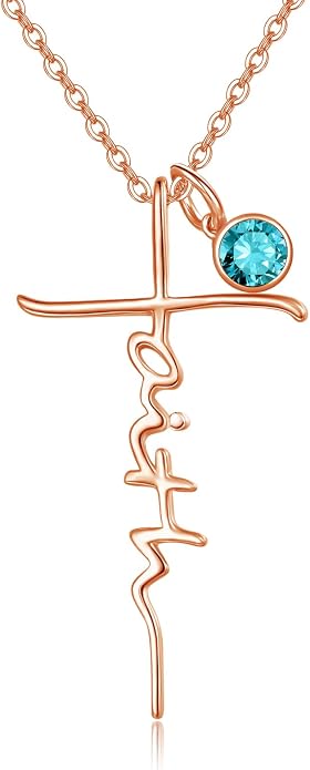 PRAYMOS Faith Cross Necklace for Women 925 Sterling Silver Pendant Necklace With Birthstone Initial Christian Religious Confirmation Baptism Mothers Day Gifts