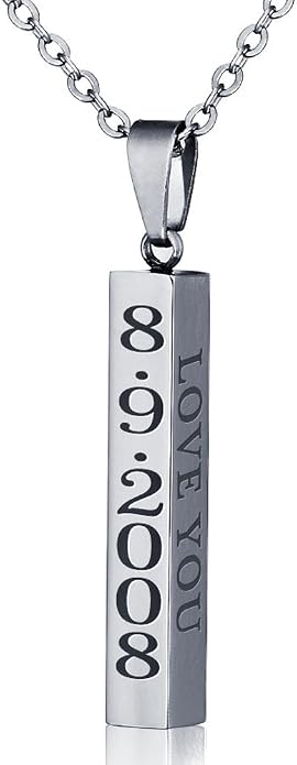 Love Jewelry Personalized Couple Stainless Steel Necklace Engraved Initial Name Vertical Bar Necklace Birthday Gift (Silver)