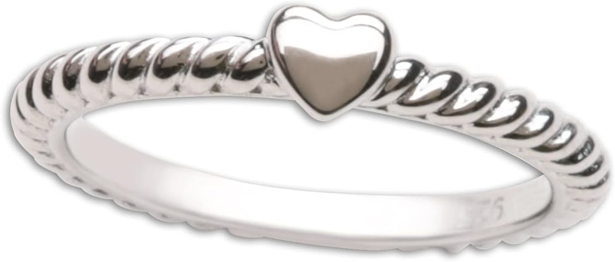 Precious Pieces .925 Sterling Silver Twisted Rope Band Baby Ring with Heart for Babies, Infants, Toddlers, Little Girls, Stackable or Pinky Ring for Teens and Women