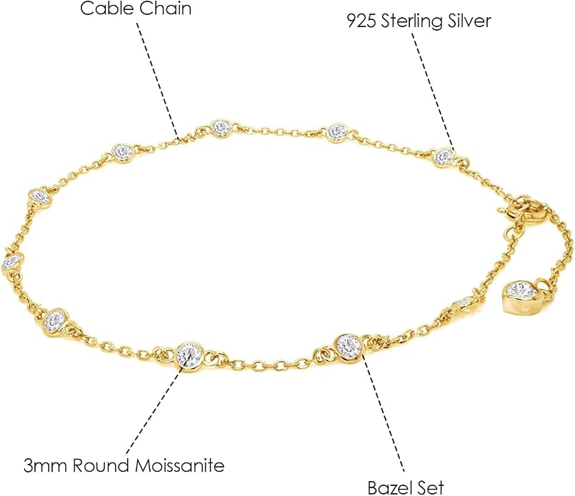 Station Anklet Bracelet For Women 3MM Round Lab Created Moissanite Bezel Set Single Piece Dainty Link Chain Anklet in 14K Gold Plated 925 Sterling Silver 8" to 10" Fine Jewelry
