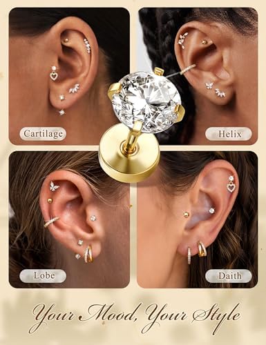 BESTEEL Hypoallergenic Flat Back Earrings for Women - 14K Gold Plated Surgical Stainless Steel Earring Stacks Set Small Stud & Hoop for Cartilage Helix Tragus Piercing Jewelry 20G