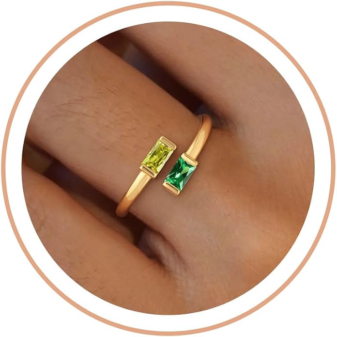 Honsny Gold Birthstone Rings for Women Non Tarnish 14K Gold Plated Adjustable Emerald Ring Cubic Zirconia Gemstone Promise Ring for Her Engagement Personalized Waterproof Jewelry Gifts for Birthday