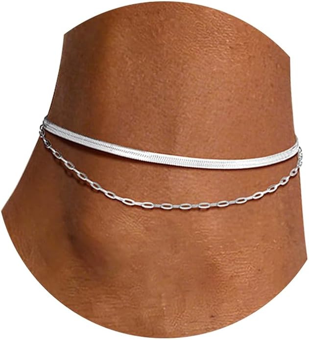 U7 Silver/Gold Ankle Bracelets for Women Layered Chain Anklets Stainless Steel Waterproof Summer Beach Anklet Cham, Adjustable 8.5"-10.5"
