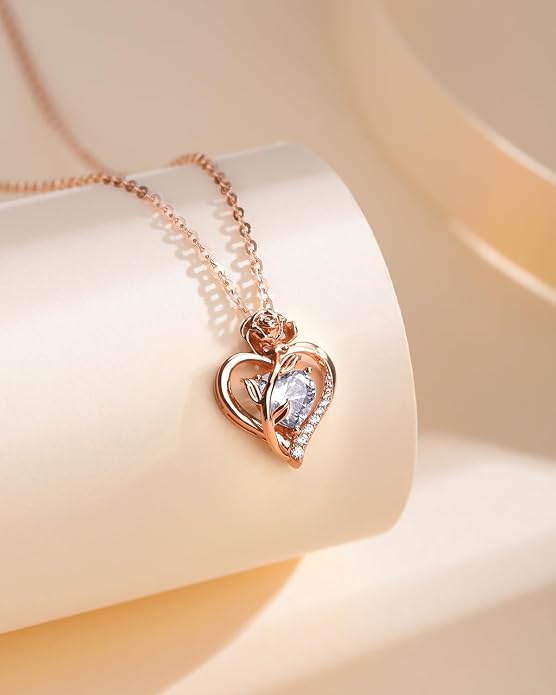 Anniversary Birthday Gifts for Women - Heart Birthstone Necklace: 925 Sterling Silver Rose/White/Yellow Gold Pendant Necklaces Gold Jewelry Gift for Wife Girlfriend Mom Daughter Grandma