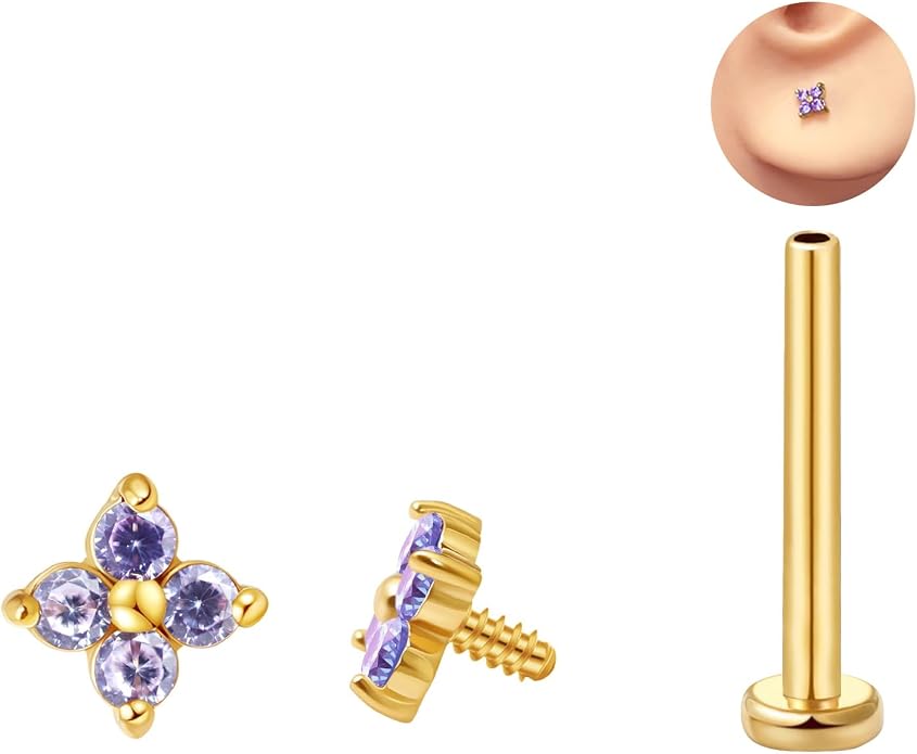 FANSING CZ Flower Internally Threaded Flat Back Earring Labret Stud for Cartilage Tragus Helix Conch