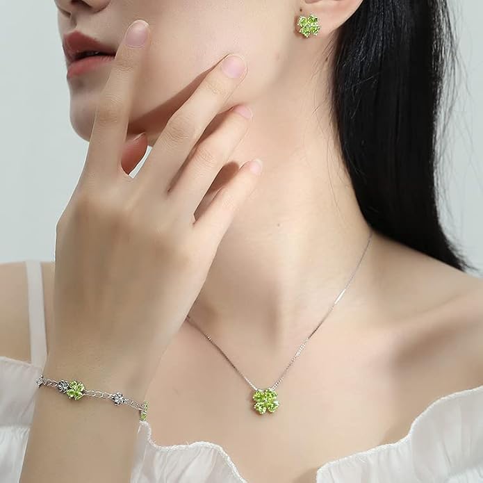 JIANGXIN Colorful Birthstone 925 Sterling Silver Handmade Pendant Necklace for Women Lucky Four Leaf Clover Plant Shamrock Jewelry Rhodium Plated