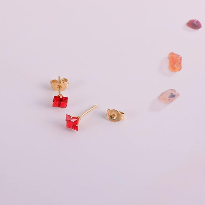 12 Pairs 18K Gold Plated Surgical Stainless Steel Stud Earrings, Star Heart Square Stud Earring for Women, Cubic Zirconia Birthstone Stud Earrings Set