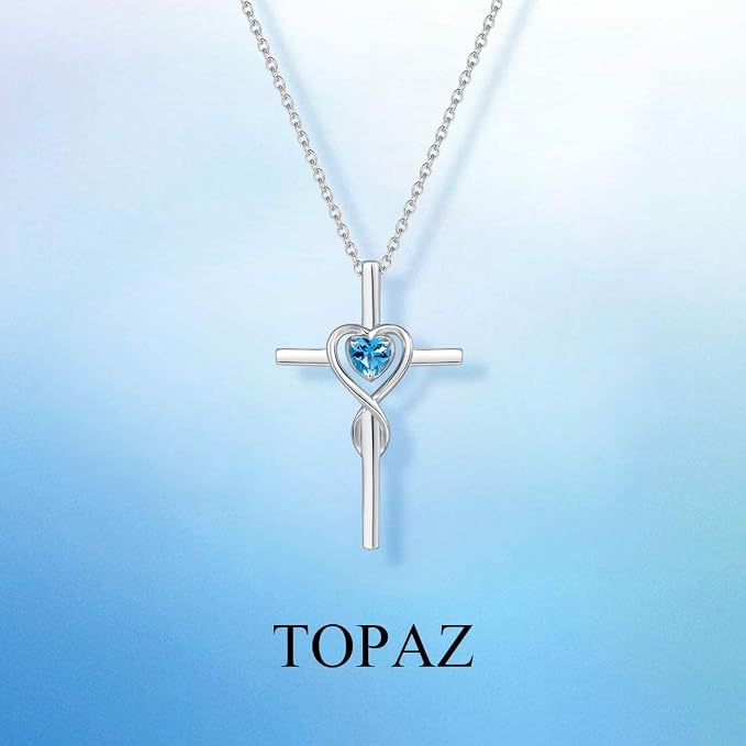 FANCIME Birthstone Cross Necklace for Women Birthstone Necklace Heart Infinity Cross Pendant Necklace Fine Jewelry Christmas Birthday Holiday Gifts for Her, 16"+2" Inches