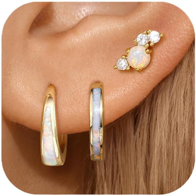 Opal Earrings Set for Women, Birthday Gift for Her, Sterling Silver | 14K Gold Plated, Hypoallergenic S925 Opal Hoop Stud Earrings for Women with Sensitive Ears, Dainty earring Stacks—Trendy Opals Jewelry 2026
