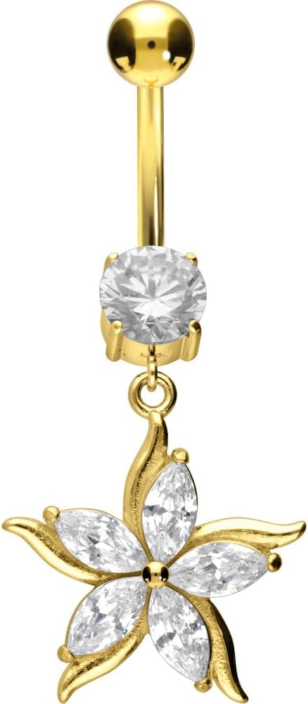 PIERCINGLINE Belly Button Piercing CRYSTAL FLOWER PENDANT surgical steel, safe