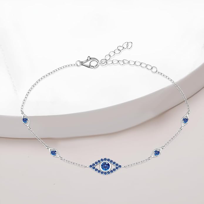 Blue Evil Eyes Link Bracelet, Evil Eye Earrings, S925 Sterling Silver Dainty Cubic Zirconia Adjustable Link Lobster Claw Clasp Chain Jewelry
