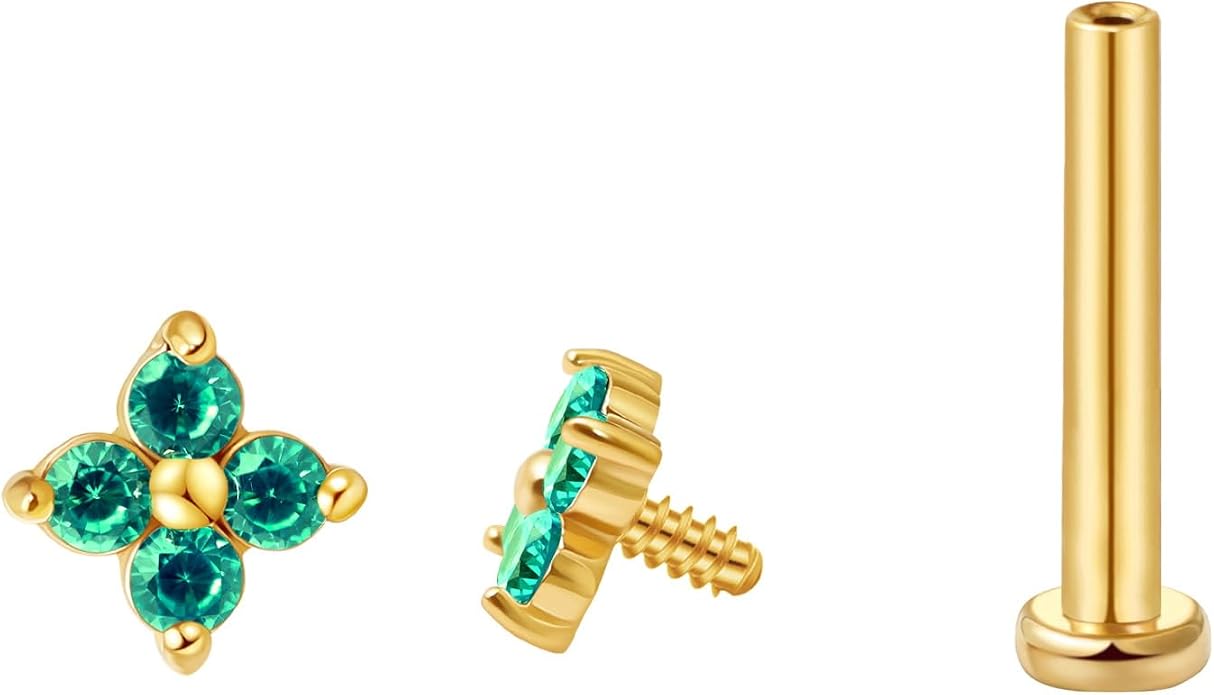 FANSING CZ Flower Internally Threaded Flat Back Earring Labret Stud for Cartilage Tragus Helix Conch