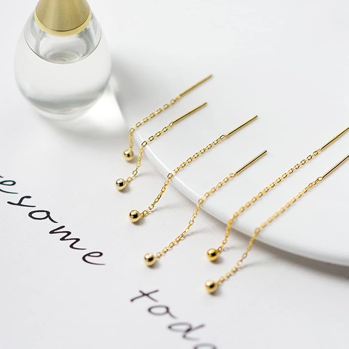 3 Pairs Threader Earrings 925 Sterling Silver Long Chain Earrings Bar/Ball Wrap Threader Drop Earrings for Women Lightweight Minimalist Mother's Day Jewelry Set