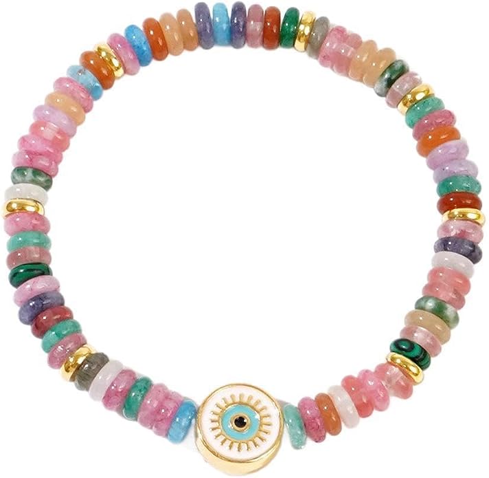 Evil Eye Bracelets For Women, Boho Colorful Gemstone Beaded Enamel Bracelet Charm Natural Stone Summer Beach Lucky Jewelry Gift