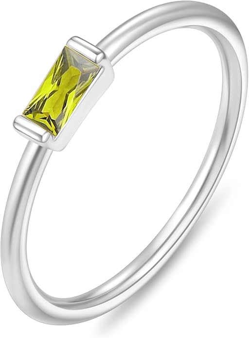 RLMOON Birthstone Rings for Women Non Tarnish Gold Stackable Rings Dainty 14K Gold/Silver Plated Baguette CZ Emerald Green Pinky Ring Personalized Jewelry Gift for Birthday Size 4-10