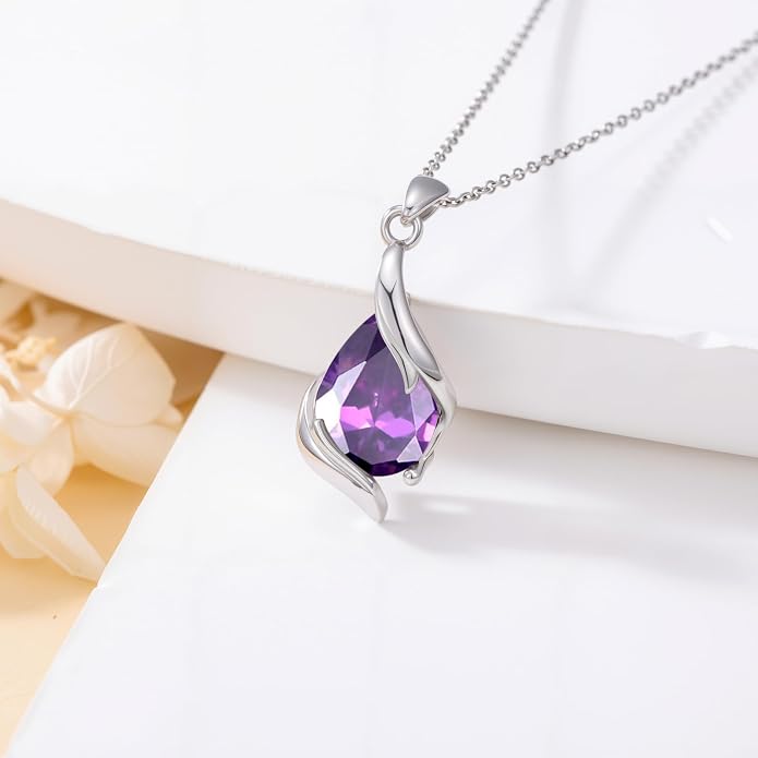 HPQQ Birthstone Necklace for Women 925 Sterling Silver Teardrop Pendant Fine Jewelry Birthday Mothers Day Gifts for Women Mom Her