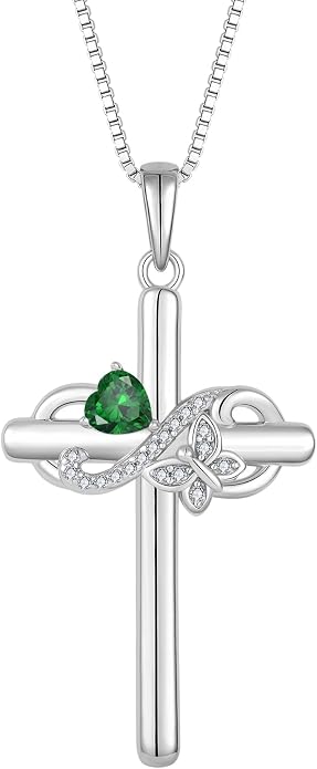 Infinity Butterfly Cross Necklace for Women 925 Sterling Silver Christian Religious Crucifix Pendant Birthstone Jewelry Gifts for Her
