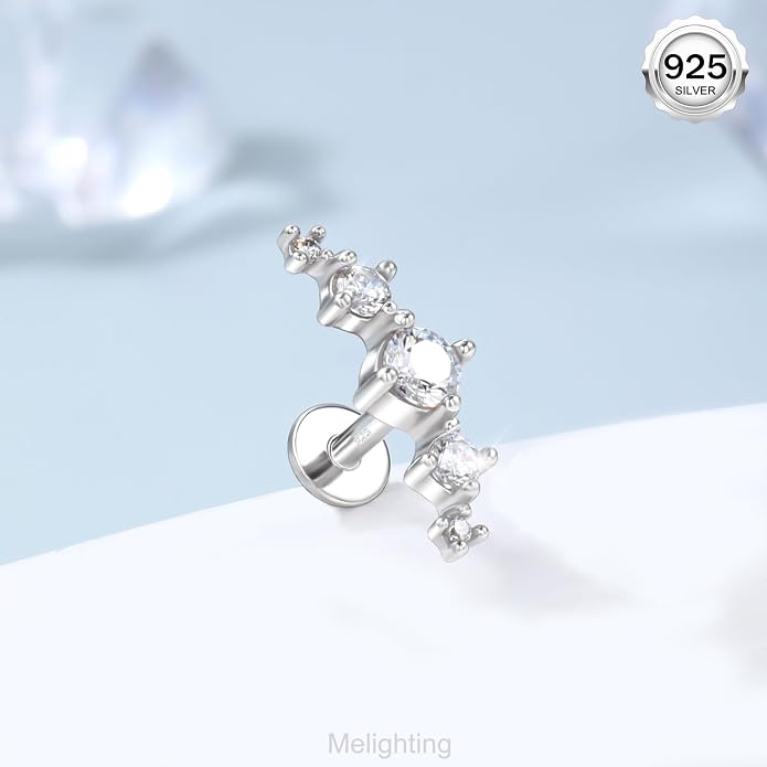 Melighting 16G Curved Helix Earring, Sterling Silver 925 Tragus Conch Stud Internally Threaded, Clear Marquise Round CZ Flat Back Lobe Labret Cartilage Piercing Jewelry for Women 6/8 mm