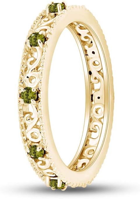 Jewel Zone US Filigree Eternity Wedding Band Ring for Women, Round Cut Simulated Gemstone Stackable Promise Ring in 14K Gold Plated 925 Sterling Silver Band Width 3.5mm – Elegant Jewelry for Her