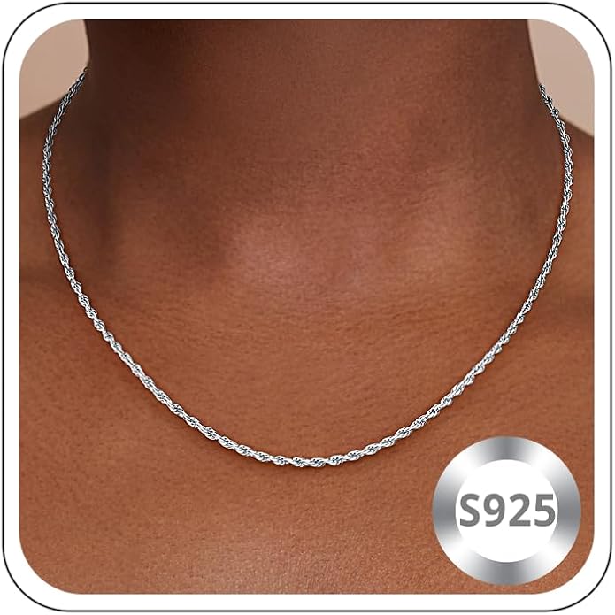 1.5mm 2mm Rope Chain 925 Sterling Silver Chain Necklace for Women, 14K Gold Plated Chains for Women Sturdy & Durable Women's Chains Necklace 16 18 20 22 24 26 Inch