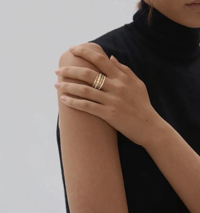 14K Gold Plated Interlocked Stackable Rings for Women Non Tarnish,Gold and Silver Cubic Zirconia Statement Rings Set,Mixed Metals Ring Two-Toned Connected Bands Stacking Jewelry