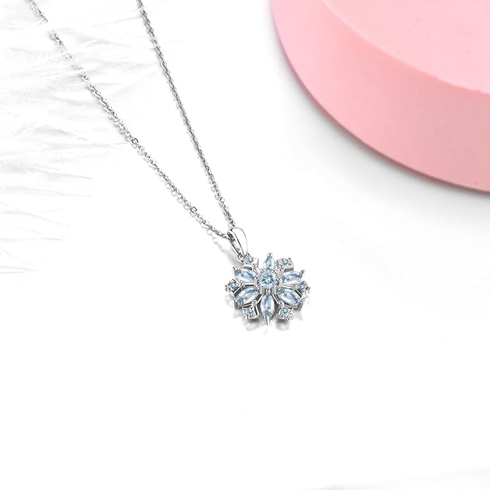 Snowflake Pendant Necklace for Women Girls Hypoallergenic S925 Sterling Silver Natural Aquamarine March Birthstone Charms Fine Jewelry for Christmas