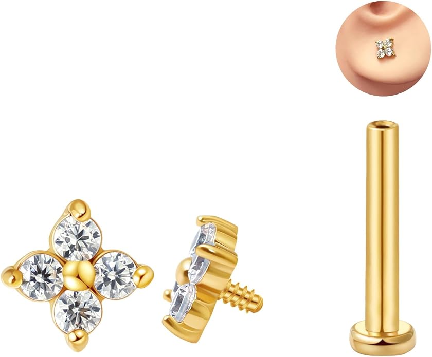 FANSING CZ Flower Internally Threaded Flat Back Earring Labret Stud for Cartilage Tragus Helix Conch