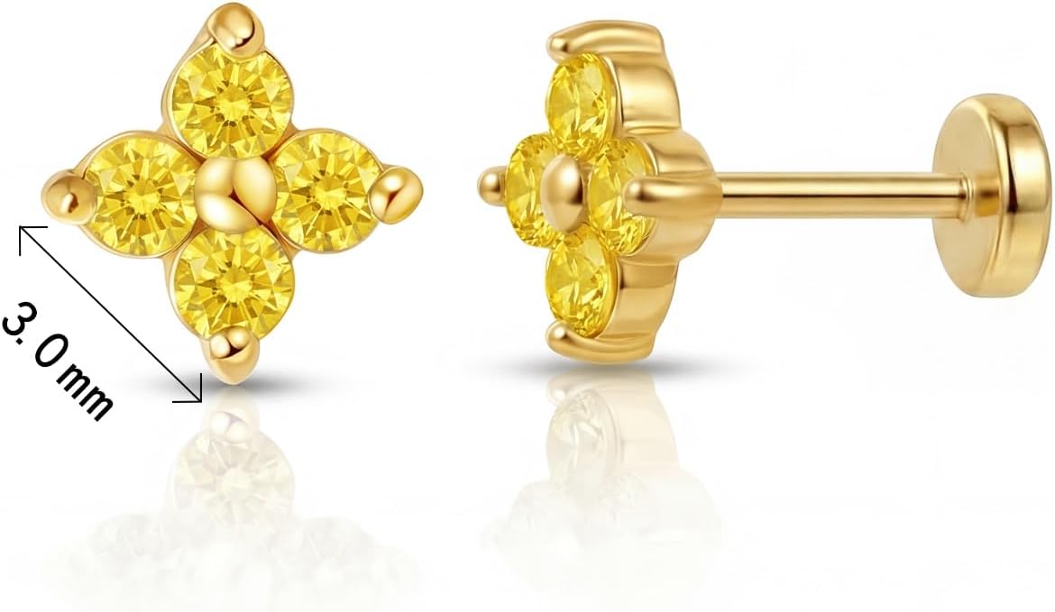 FANSING Short Threadless Cartilage Earring Stackable CZ Birthstone Flat Back Earrings for Women Small Stud Earrings for Tragus Helix Earlobe 18K Gold Plated ‌Rainbow 5.0mm