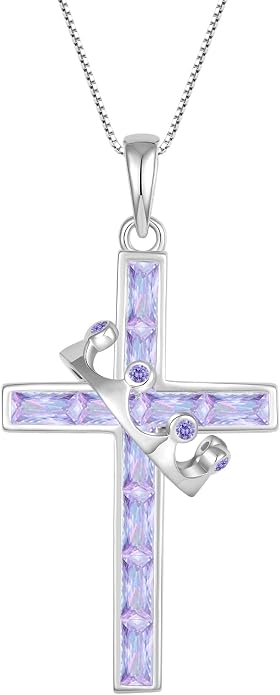 Gemstone Crown Cross Necklaces for Women, 925 Sterling Silver Rectangular cut Zircon Pendant With Rotated Crown Faith Cross Jewelry Gift