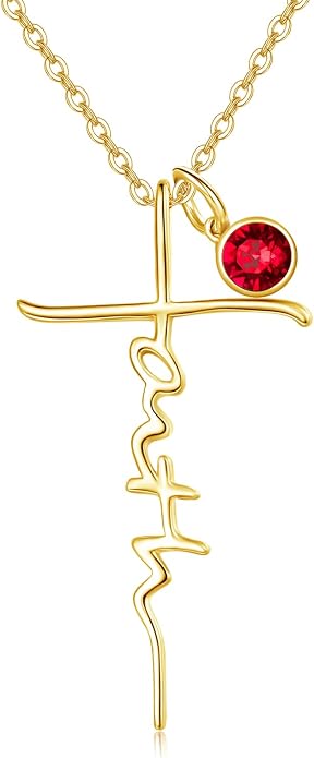 PRAYMOS Faith Cross Necklace for Women 925 Sterling Silver Pendant Necklace With Birthstone Initial Christian Religious Confirmation Baptism Mothers Day Gifts