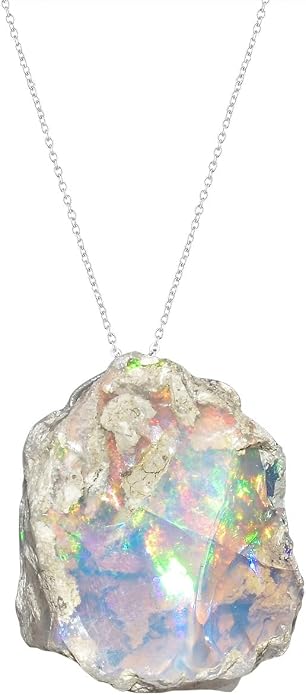 Ultra Fire Raw Ethiopian Opal Rough Dainty Pendant Necklace For Women, Healing Chakra Crystals, Handmade October Birthstone Jewelry, 925 Silver Chain 18 inch, Wedding Gift