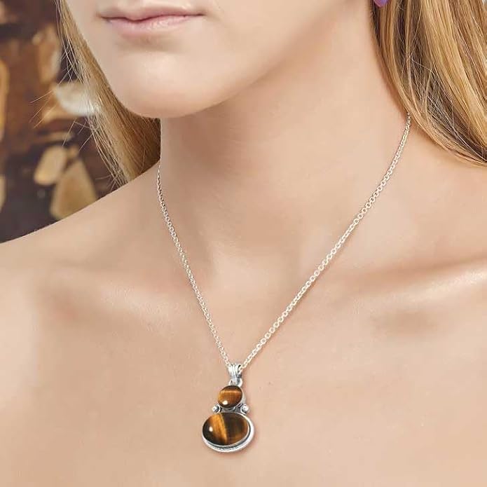 Handmade Genuine 925 Sterling Silver Pendant Necklace Natural Gemstone Crystal, Lapis, Onyx, Amber Oval Round Boho Jewelry For Women