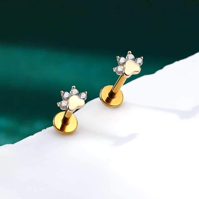 Cocharm 14K Solid Gold Cartilage Earring - Dog Paw Yellow Gold Flat Back Helix Stud, 16g
