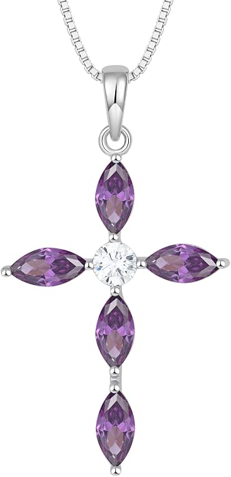 JO WISDOM Cross Necklace for Women,925 Sterling Silver Birthstone Necklaces Cubic Zirconia Cross Pendant Necklace Dainty Jewelry Gifts