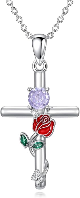 Birthstone Cross Necklace 925 Sterling Silver Rose with Butterfly Birthstone Cross Pendant Necklace Jewelry Gifts for Women Birthday Christmas