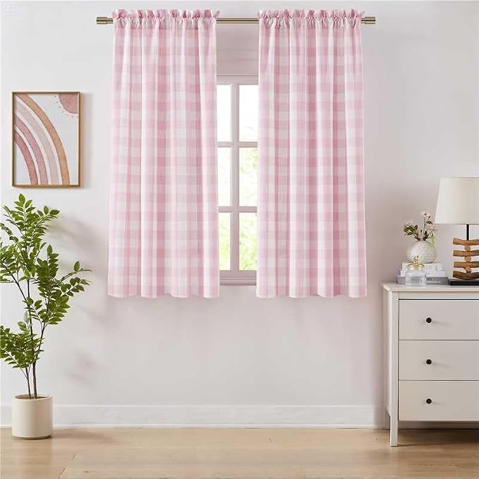 Short Pink White Buffalo Plaid Semi Sheer Curtains 54 Inch | Farmhouse Gingham Drapes,Rustic Window Treatment for Girls Room Bedroom Living Room,Rod Pocket,40"Wx54"L,Pack of 2
