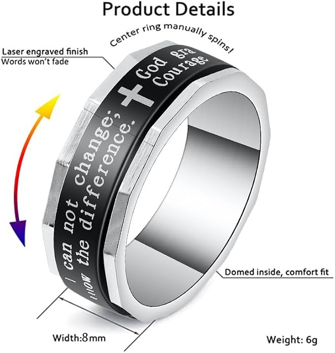 Serenity Prayer Spinner Ring - Titanium Steel Christian Faith Jewelry | Laser Engraved Courage Words, Rotatable Comfort Fit Band for Men Women