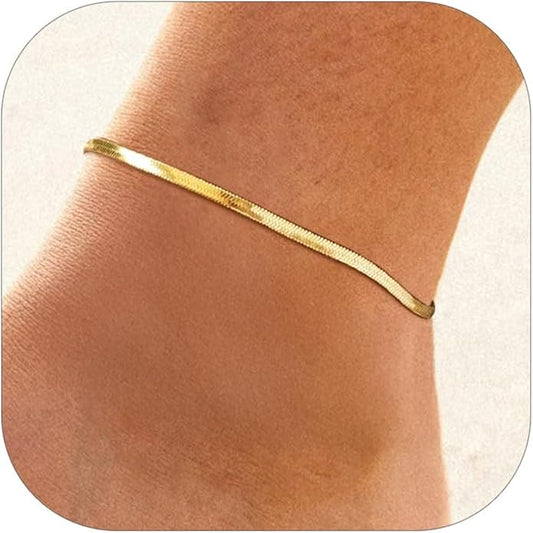 FOCALOOK 14K Gold Plated Anklets for Women Waterproof Plus Size Ankle Bracelet 8.5-10.5 Inch Adjustable Mariner/Figaro/Flat Snake/Cuban Link Chain Anklet Jewelry for Summer Beach Holiday