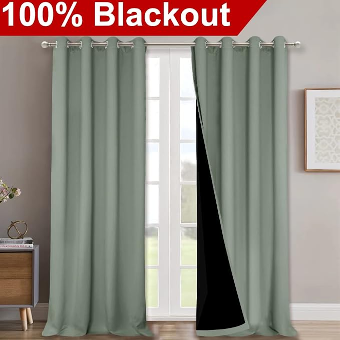 NICETOWN 100% Blackout Window Curtain Panels, Heat and Full Light Blocking Drapes with Black Liner for Nursery, 102" Drop Thermal Insulated Draperies (Greyish Green, 2 Pieces, 52" Wide Each Panel)