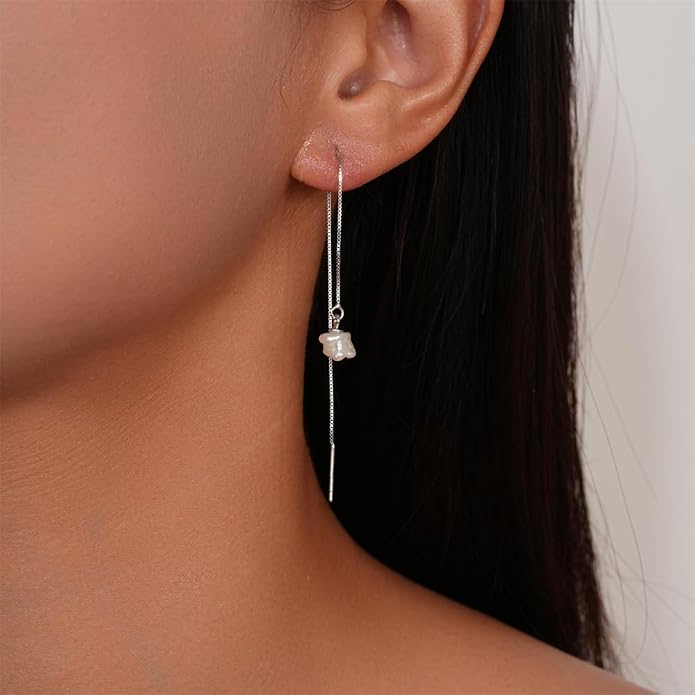 JaruJaru Vermeil Chain Freshwater Pearl Earrings for Women, Gold Threader Earrings, Gold plated on S925 Sterling Silver, Hypoallergenic Thread Through Dangle Earrings